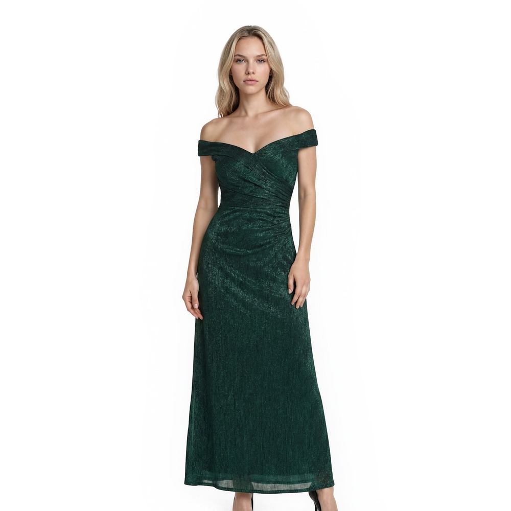 Xscape Gown Women's Size 8 Green Metallic Off Shoulder Ruffle Maxi Evening Dress